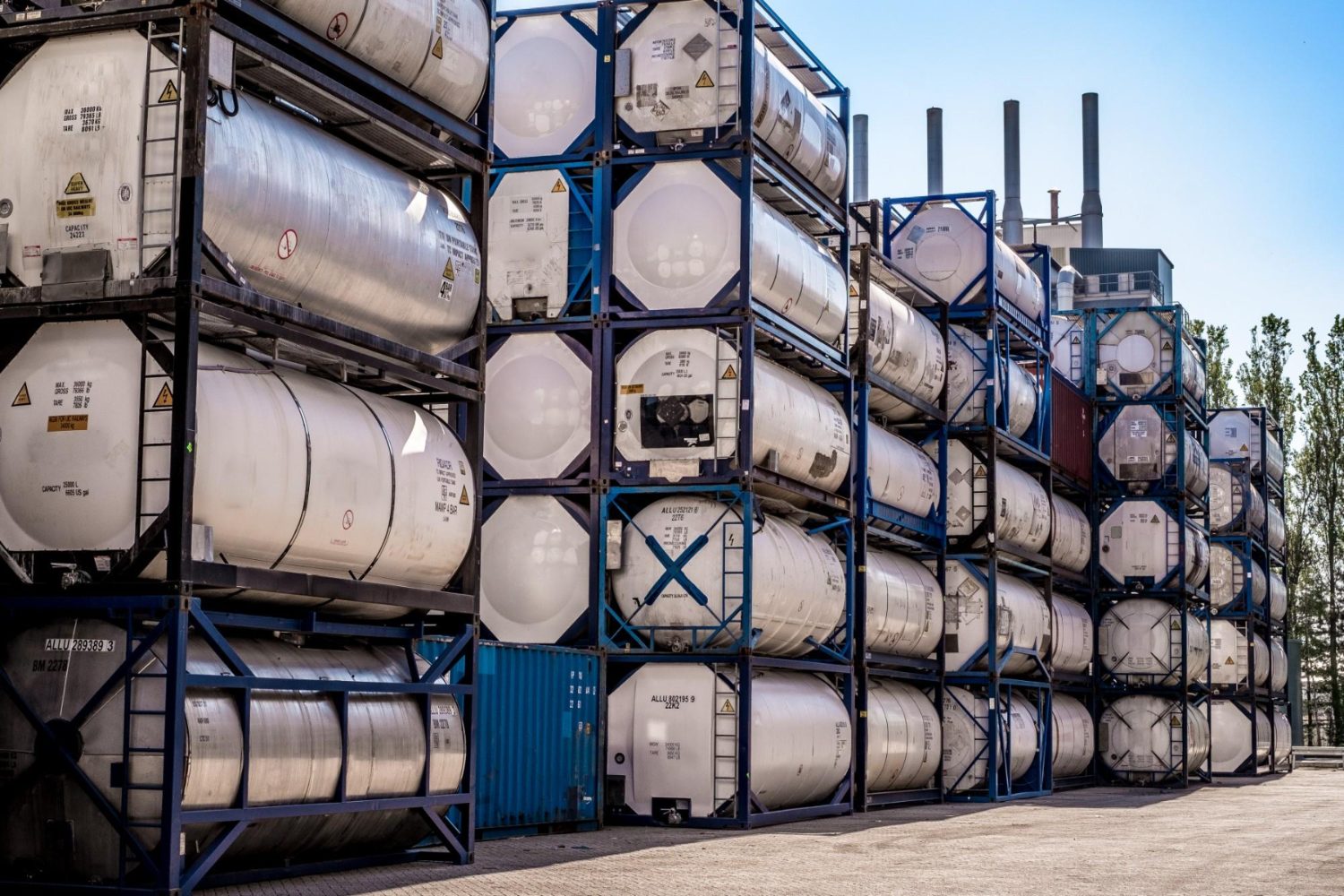 ISO tank containers stacked in a depot