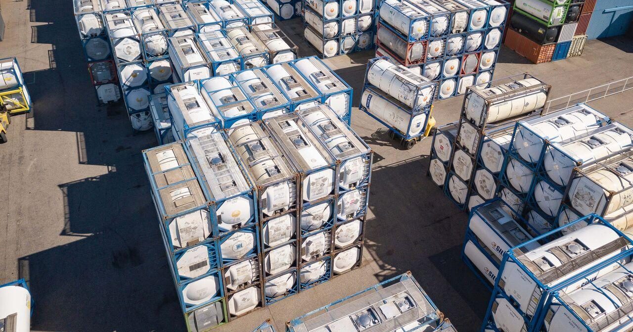 Aerial view of an ISO tank yard